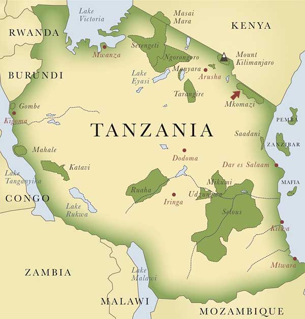 Tanzania map showing Mkomazi Park